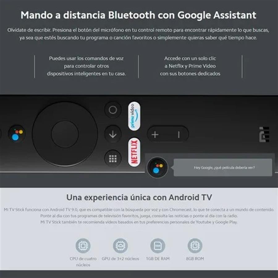 Dispositivo de Transmisión Multimedia Xiaomi Mi TV Stick, Android TV 9.0,  1080p, Control Remoto con Google Assistant.