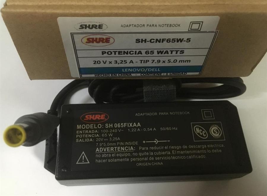 CARGADOR NOTEBOOK LENOVO / IBM 20V/3,25 AMP - 7.9 X 5,0 MM SH-CNF65W-5